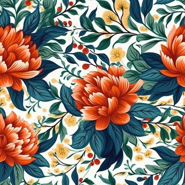 Een bloemenpatroon met oranje bloemen en bladeren.