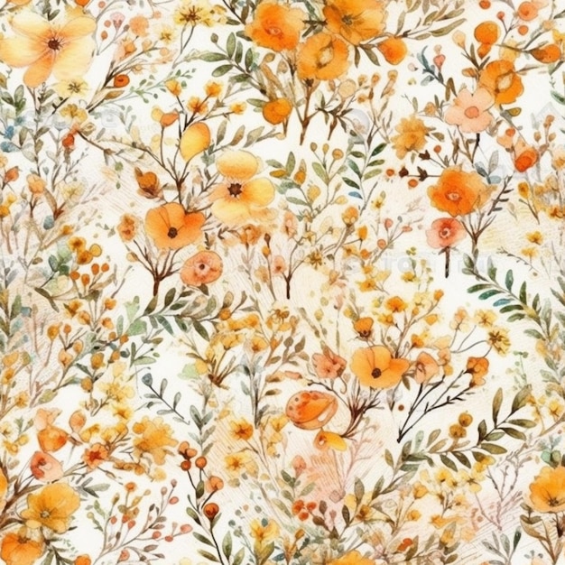 Een bloemenpatroon met oranje bloemen en bladeren.