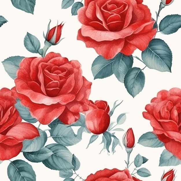 Een bloemenpatroon met rode rozen op een witte achtergrond