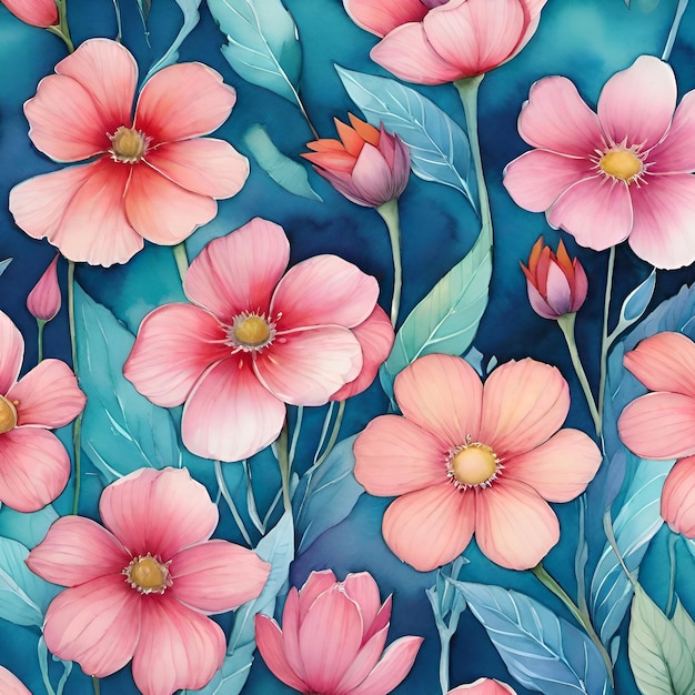 Een bloemenpatroon met roze bloemen en bladeren
