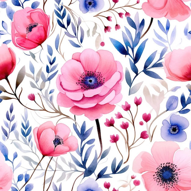 een bloemenpatroon met roze bloemen en blauwe bladeren
