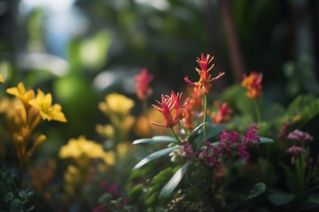 Een bloementuin met een gele bloem op de voorgrond