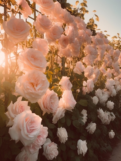 Een bloementuin met een zonsondergang op de achtergrond