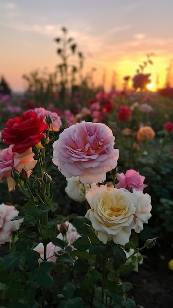 Een bloementuin met een zonsondergang op de achtergrond