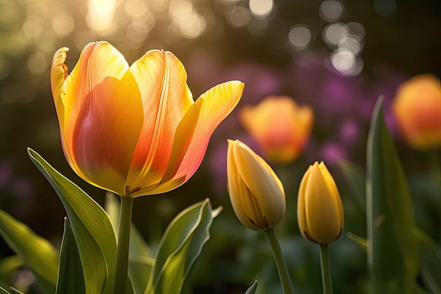 Een bloementuin met gele en oranje tulpen op de achtergrond