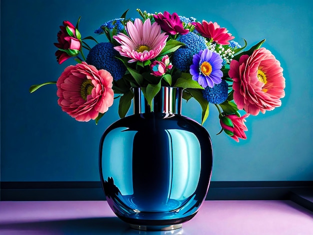 Een bloemenvaas met bloemen die zich in een spiegel weerspiegelen
