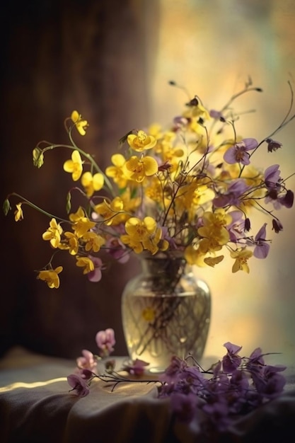 Een bloemenvaas met paarse en gele bloemen erin.