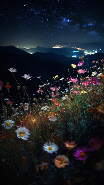 Een bloemenveld in de nacht