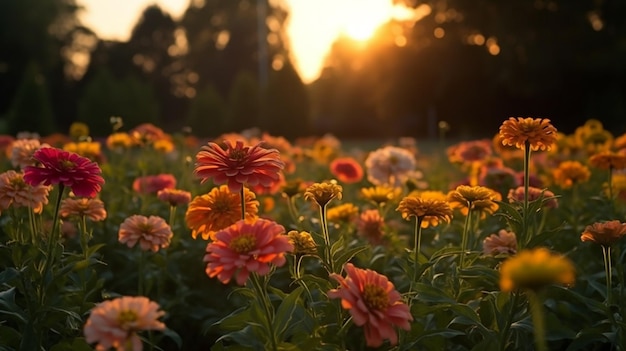 Een bloemenveld met daarachter de ondergaande zon