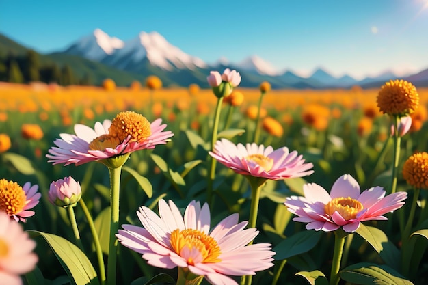 Een bloemenveld met de bergen op de achtergrond