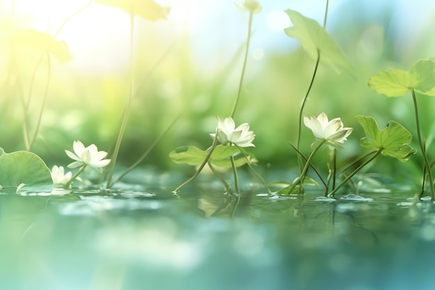 Een bloemenveld met de zon die op het water schijnt