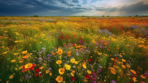 Een bloemenveld met een berg op de achtergrond