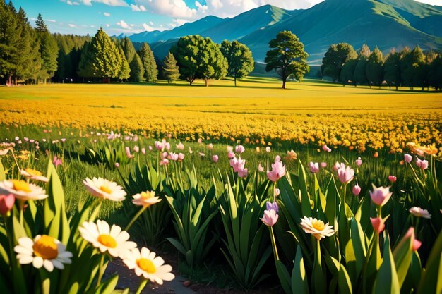 Een bloemenveld met een berg op de achtergrond