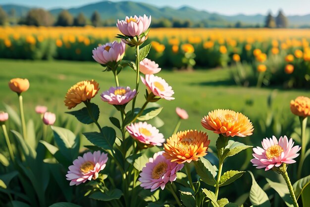 Een bloemenveld met een berg op de achtergrond