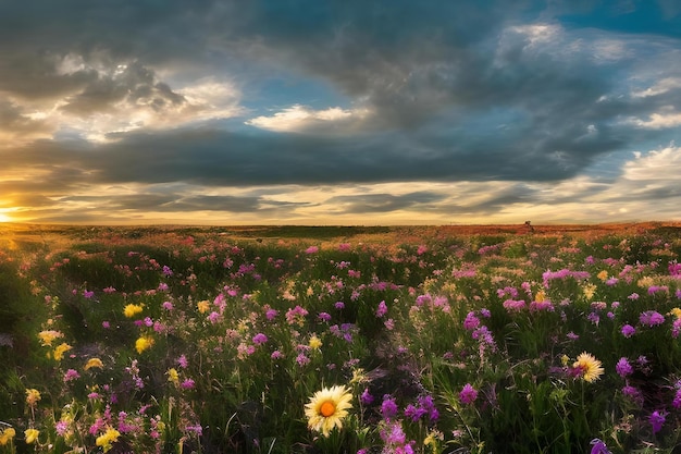 Foto een bloemenveld met een bewolkte lucht op de achtergrond
