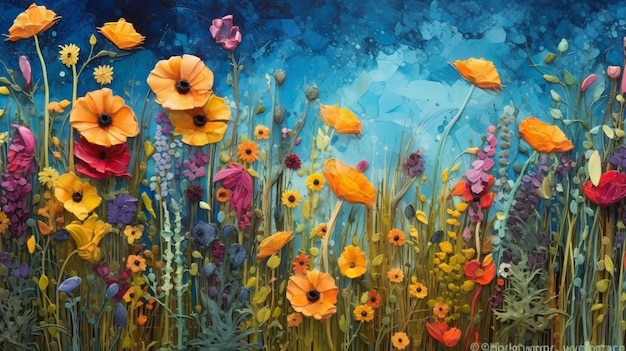 Een bloemenveld met een blauwe achtergrond