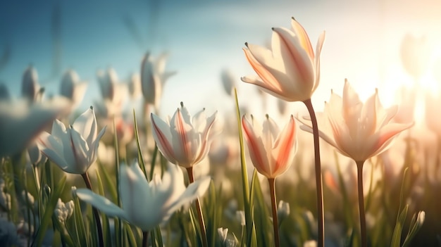 Een bloemenveld met een blauwe lucht op de achtergrond