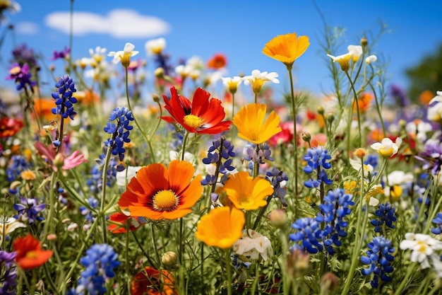 Een bloemenveld met een blauwe lucht op de achtergrond