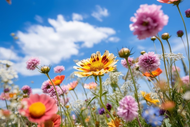 Een bloemenveld met een blauwe lucht op de achtergrond