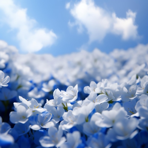 Een bloemenveld met een blauwe lucht op de achtergrond.