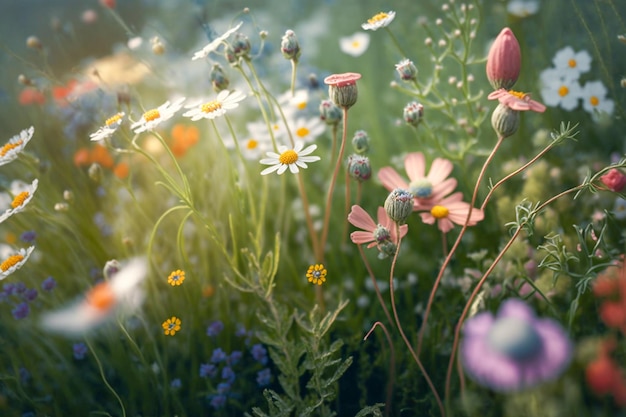 Een bloemenveld met een kleurrijke achtergrond