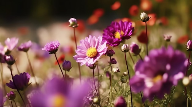 Een bloemenveld met een paarse bloem in het midden