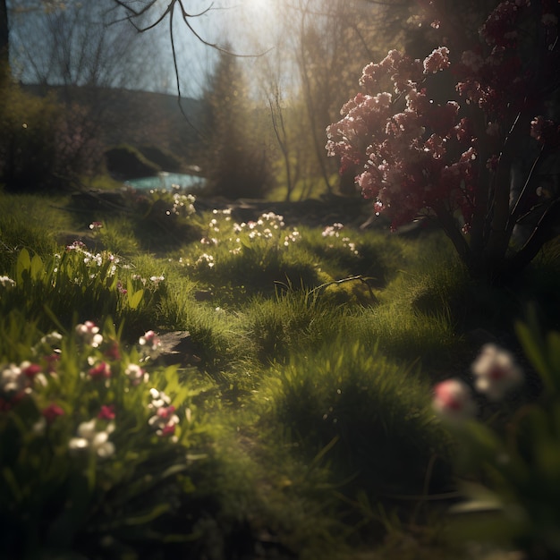 Een bloemenveld met rechts de zon.