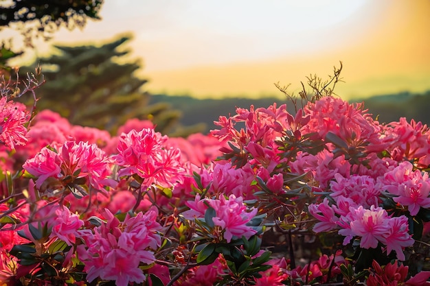 Een bloemenveld met roze bloemen op de voorgrond