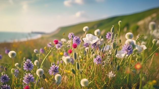 Een bloemenveld met uitzicht op zee op de achtergrond