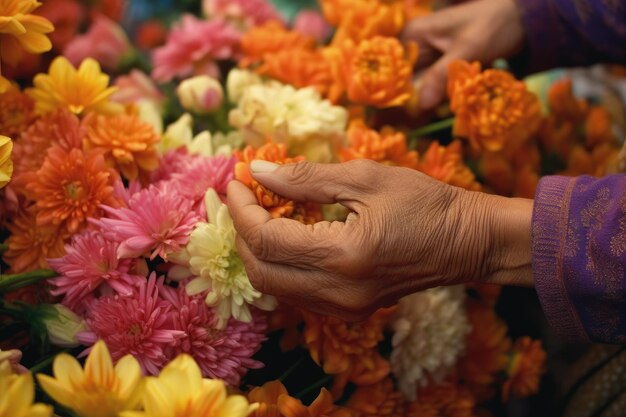 Een bloemenverkoper regelt een levendig boeket omringd door een scala aan kleurrijke bloemen. Generatieve AI