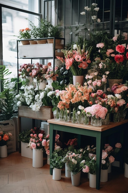 Een bloemenwinkel met een groene tafel met daarop een bos bloemen.