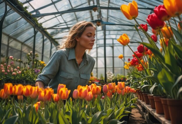 Een bloemhandelaar heeft de neiging om tulpen in een kas haar passie voor plantkunde en levendige flora te tonen in de