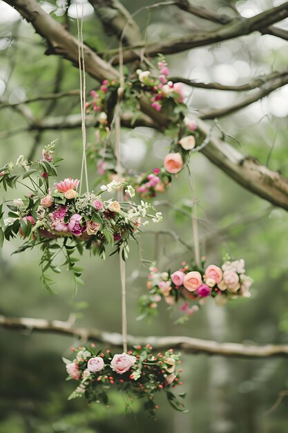 een bloemkrans hangt aan een boom met een roze bloem die er aan hangt