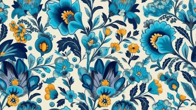 Een bloemmotief met blauwe bloemen en gele bladeren wordt weergegeven op een witte achtergrond.