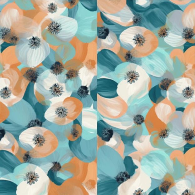 Een bloemmotief met blauwe, oranje en witte bloemen.