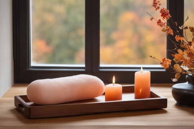 Foto een bloempot en houten dienblad met kaarsen en zoutstenen naast een raam in de herfst