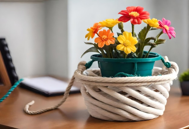 een bloempot met een koord dat zegt bloemen