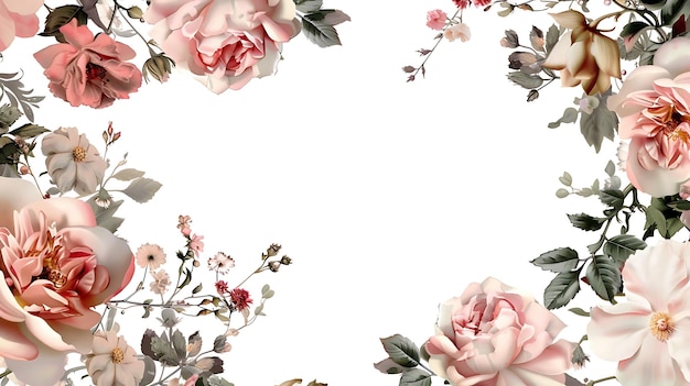 een bloemrijke achtergrond met roze rozen en een witte rand