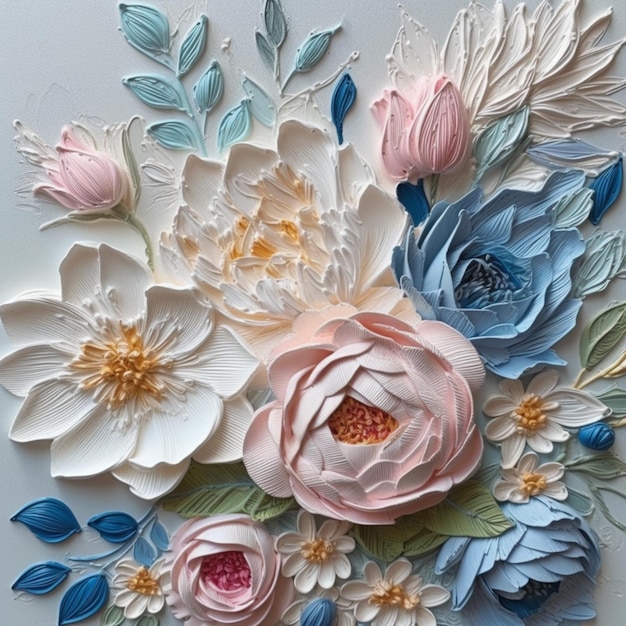 Een bloemsierkunststuk met bloemen erop