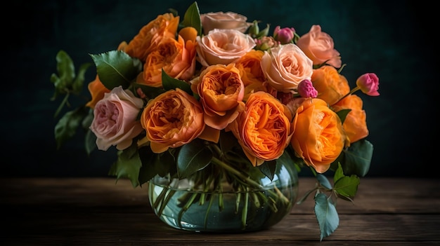 Een bloemstuk van perzikrozen en oranje ranonkels in een door AI gegenereerde glazen vaas