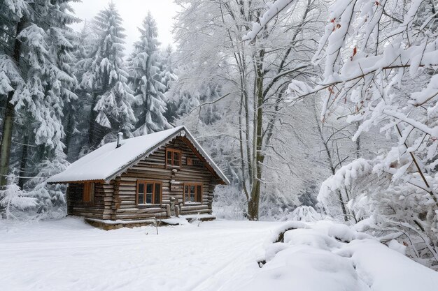 Een blokhut omringd door met sneeuw bedekte bomen staat in het hart van een winterwoud Een afgelegen blokhut in een sneeuwbedekt winterwoud