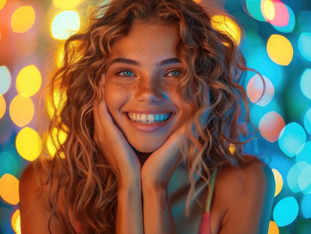 Een blond meisje verlicht door lichten die naar de camera glimlacht