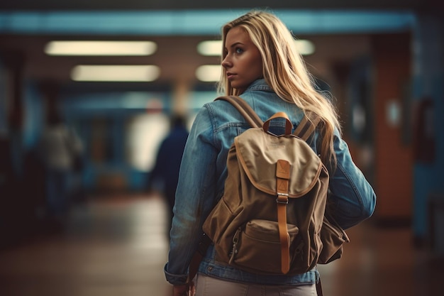 Een blond schoolmeisje met rugzak