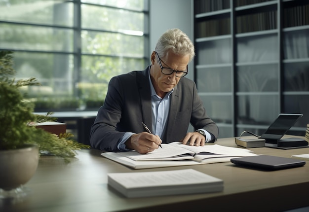 Een blonde senior psycholoog die zich bezighoudt met kantoorvoorbereidingen