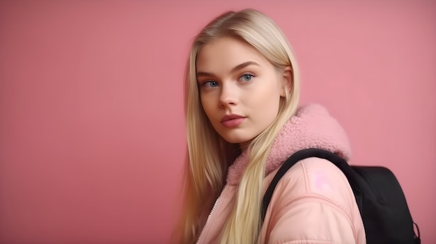 Een blonde vrouw in een roze jas met een roze kraag en een zwarte riem over haar borst kijkt in de camera.