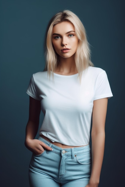 Een blonde vrouw in een wit t-shirt en spijkerbroek staat voor een blauwe muur