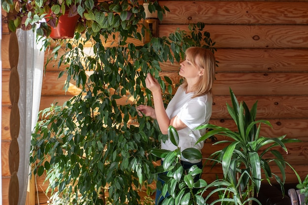 Foto een blonde vrouw in een wit t-shirt zorgt voor kamerplanten in een grote kamer met houten muren ecofrie...