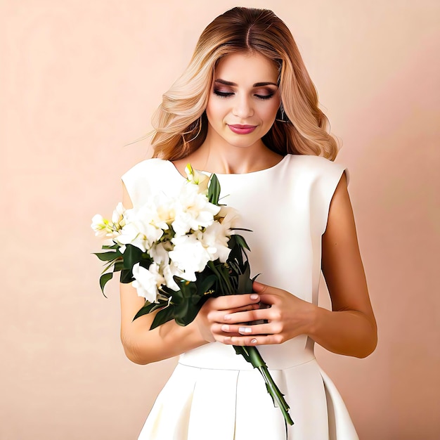 een blonde vrouw in een witte jurk met een boeket bloemen