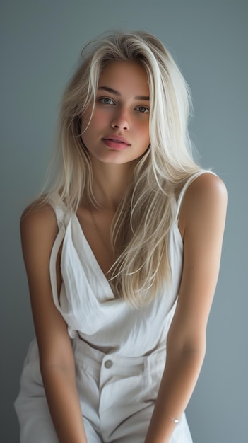 Een blonde vrouw met blond haar in een witte jurk.