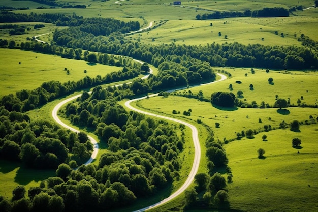 een bochtige weg in een groen landschap